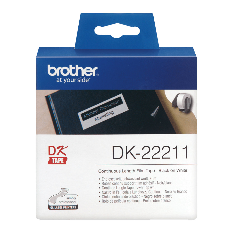  Oryginalna foliowa taśma ciągła DK-22211 firmy Brother – czarny nadruk na białym tle, 29mm. 2